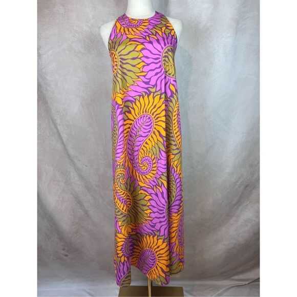 Zara Halter Maxi Dress Tropical Hawaiian Modern does 70s Sz Small 100% Cotton - Picture 1 of 7